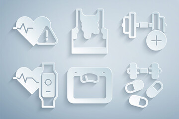 Set Bathroom scales, Dumbbell, Smart watch with heart, Sports doping dumbbell, Sweaty sleeveless t-shirt and Heart rate icon. Vector