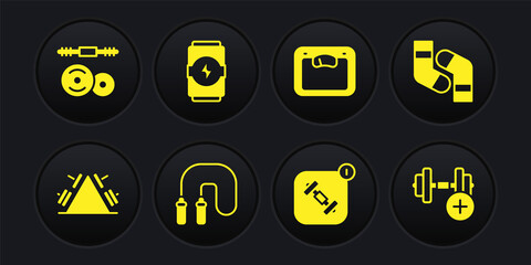 Set Metal rack with weight, Socks, Jump rope, Fitness app, Bathroom scales, Energy drink, Dumbbell and Barbell icon. Vector
