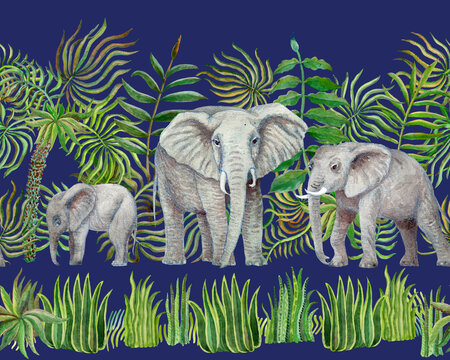 Seamless border pattern of watercolor savannah safari animals. Hand painted African elephants, palm tree leaves, grass, herbs, bush isolated on a dark blue background