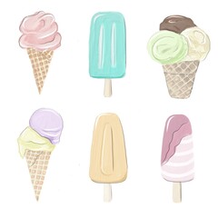 Set of icons. Ice cream. 6 items. White background. 