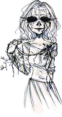Gothic bride in a wedding dress with flowers. Bride in gothic cartoon style. Sketch anime bride. Girl in wedding dress vector. Mexican girl celebrates Day of the Dead. Girl in costume for carnival