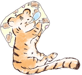 水彩画風の柔らかな質感の、コミカルで可愛いトラのイラスト