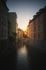 Sunrise view on Vltava, in Old town part of Prague.