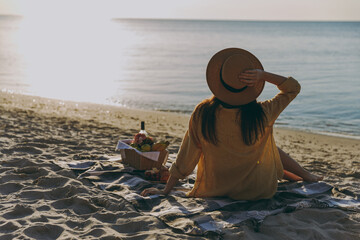 Full length back rear view young woman wearing straw hat shirt summer clothes sitting on plaid have...