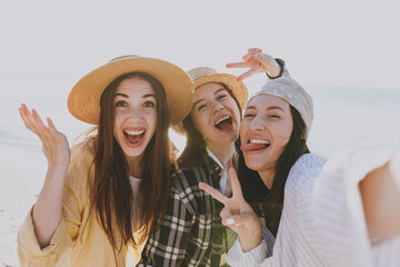 Close up female friend young women 20s in straw hat summer clothes hang out together do selfie shot...