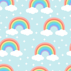 Seamless cartoon texture with rainbow, cute clouds and stars on a blue background. Vector illustration for fabrics, textures, wallpapers, posters, stickers, postcards. Editable elements.