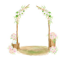 Watercolor wedding arch scene. Hand drawn isolated wood archway with flowers and bouquets on stumps. Wedding ceremony design sketch, rustic decor for invitation