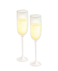 Watercolor pair of champagne glasses illustration. Hand painted alcohol drinks isolated on white. Wedding toast, Christmas and New year party cocktails