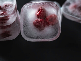 Raspberry frozen in the ice cube on black background. Fresh healthy summer eating.
