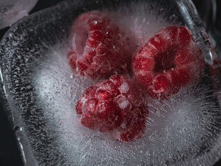 Raspberry frozen in the ice cube on black background. Fresh healthy summer eating.