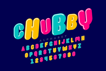 Chubby, playful style font design, plumpy alphabet, letters and numbers vector illustration
