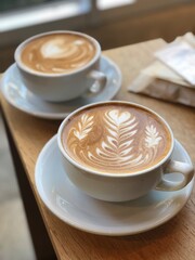 ２つのカフェラテ、ラテアート