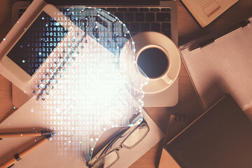 Double exposure of brain drawing over work table desktop. Top view. Global data analysis concept.