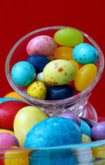 close-up colorful candies in glass bowl