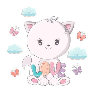 Cat illustration isolated on white background, cute animal in cartoon style. Vector animal for prints for baby products, the images are made in a cute cartoon style.