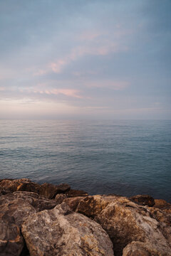 Rocks at the sea at dawn at Valras France sea and rock texture