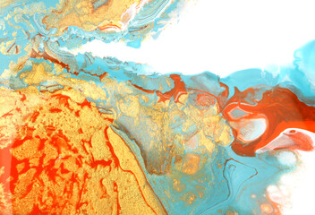 Art Abstract flow acrylic and watercolor marble blot painting. Blue, turquoise and gold Color wave horizontal texture background.