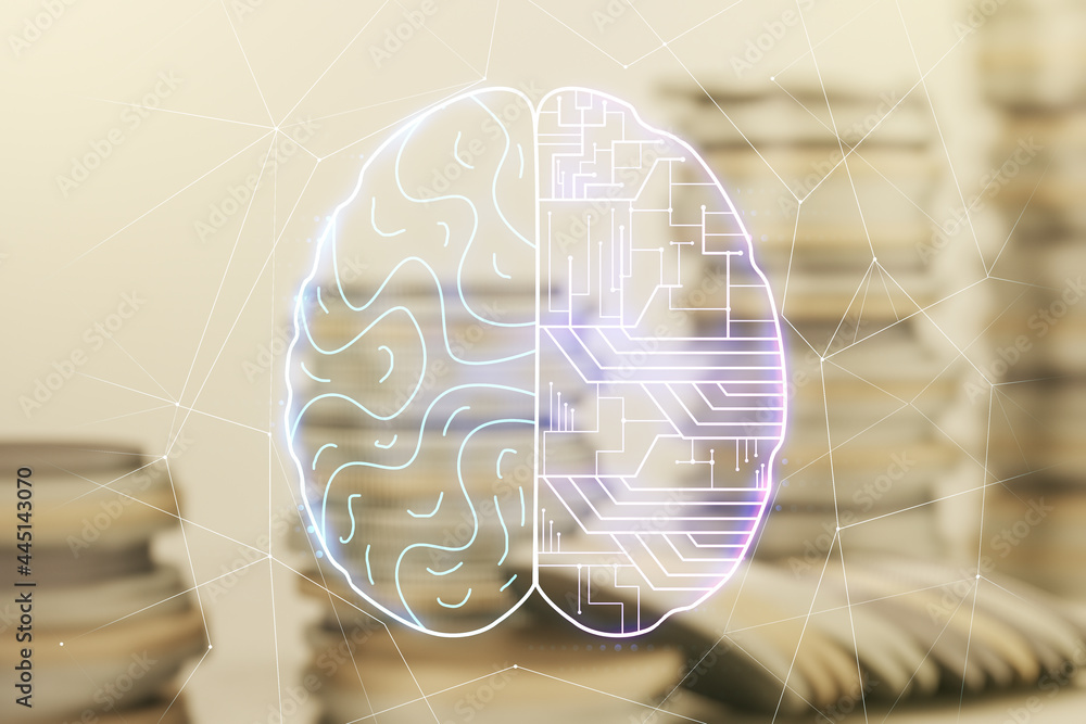 Poster double exposure of creative artificial intelligence interface on growing stacks of coins background.