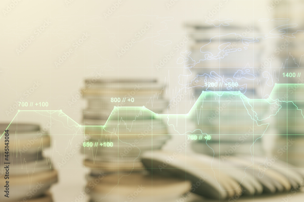 Poster double exposure of abstract virtual statistics data hologram on growing stacks of coins background, 