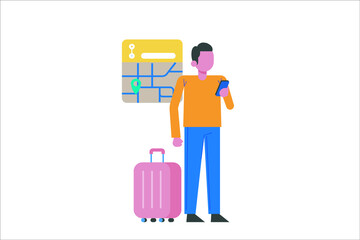 Man checking mobile phone map while traveling with suitcase