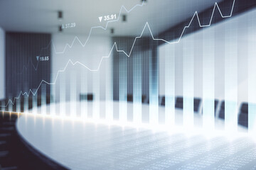 Double exposure of abstract creative financial chart hologram on a modern meeting room background, research and strategy concept