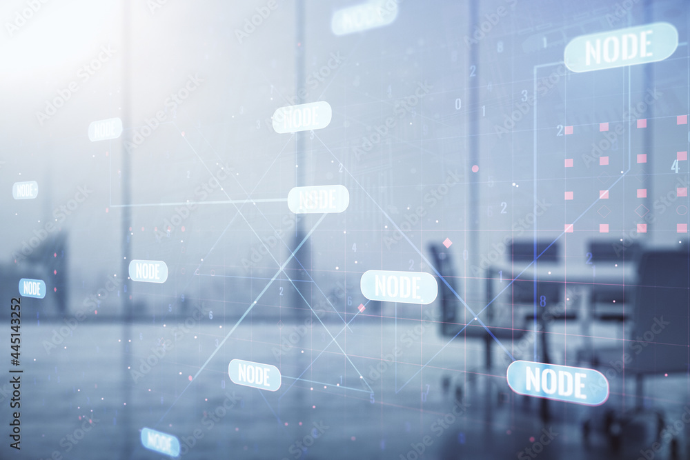Aufkleber Double exposure of abstract creative programming illustration on a modern boardroom background, big data and blockchain concept