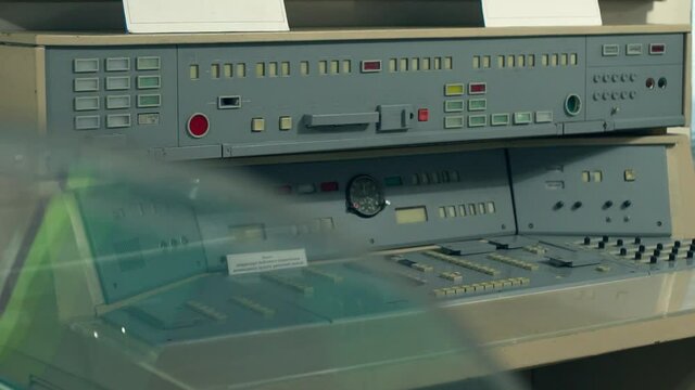 Military base bunker. Nuclear warhead control panel. Panel with sensors and buttons to launch a missile to destroy the enemy in wartime