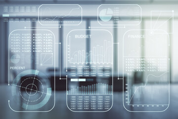 Abstract virtual analytics data spreadsheet on a modern coworking room background, analytics and analysis concept. Multiexposure