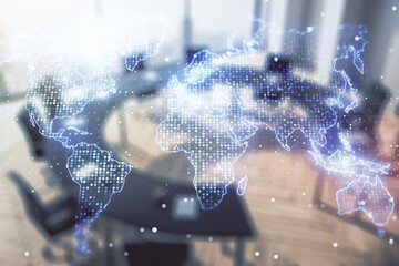 Abstract creative digital world map on a modern coworking room background, globalization concept. Multiexposure