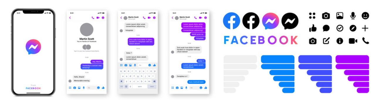 Messenger from Facebook mockup. Set Facebook Messenger screens template. Social media app interface. Ui elements, chats , logos, icons, dialogues. Editorial vector illustration.