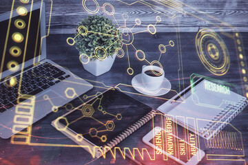 Double exposure of data theme drawing and mobile phone background. Concept of innovation