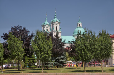 Soviet square and Cathedral of St. Francis Xavier in Grodno. Belarus