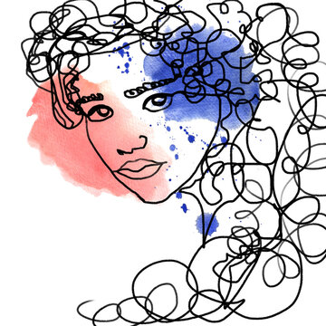linear drawing of a girl on a white background with flowers watercolor stains blue and red