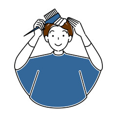 3ヘアケア セルフカラー 白髪染め コームで部分染めをしている可愛い女性 イラスト シンプル ベクター