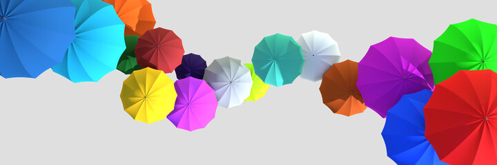 Many multi-colored umbrellas on a gray background. View from above. Banner. Creative 3d illustration