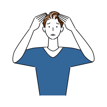man touching hair, blue shirt, worried clip art preview