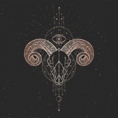Vector illustration with hand drawn Ram skull and Sacred geometric symbol on black vintage background.