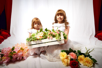 Cute girls in beautifull dress with flowers in the studio on a white background. Young sisters posing indoors