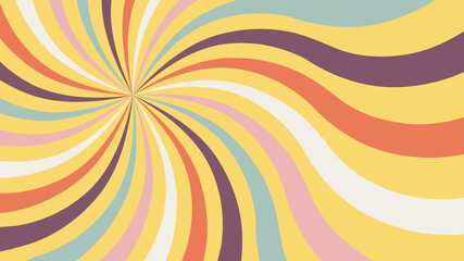 Retro background with color sunburst or starburst. Pattern with vintage color palette, swirl stripes. Vector illustration of 60s.