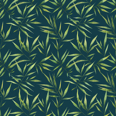 Seamless watercolor pattern with large branches and bamboo leaves on a dark background. Botanical illustration for fabrics, clothing, decor, packaging.