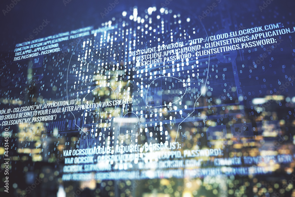Aufkleber abstract virtual code skull hologram on blurry skyscrapers background, cybercrime and hacking concep