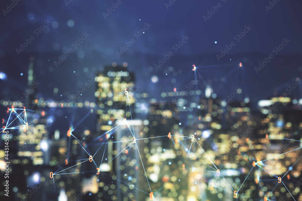 Poster abstract virtual wireless technology hologram on blurry skyline background. big data and database co