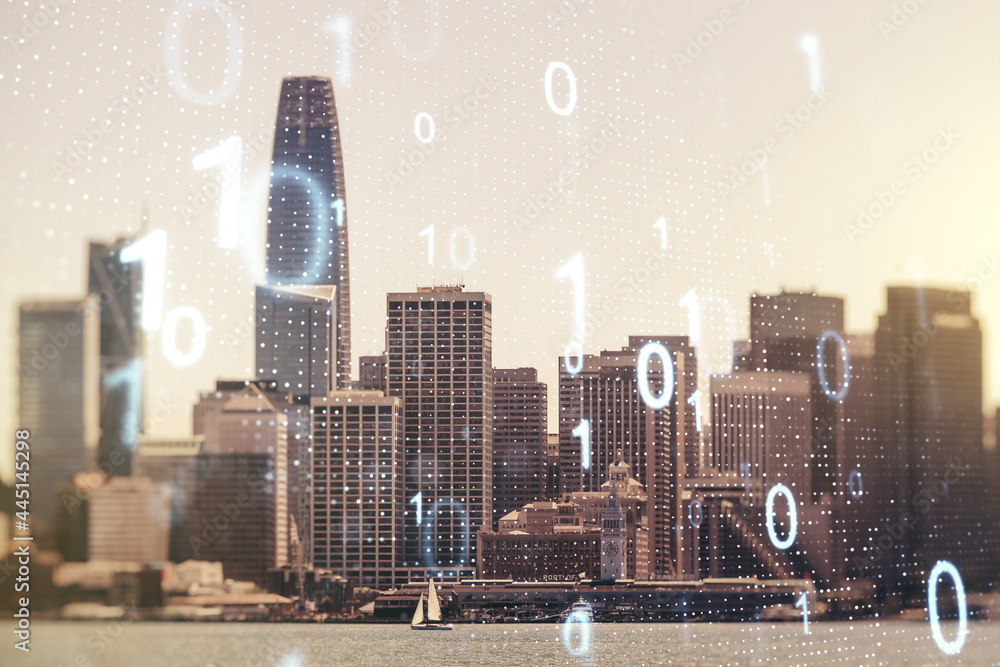 Leinwandbilder Abstract virtual binary code sketch on San Francisco office buildings background, hacking and matrix concept. Multiexposure
