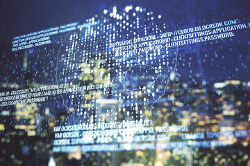 Abstract virtual code skull hologram on blurry skyscrapers background, cybercrime and hacking concept. Multiexposure