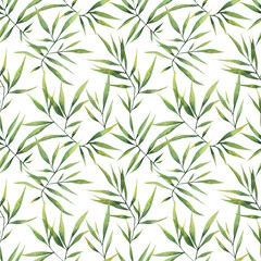 Naklejka na ściany i meble Seamless watercolor pattern with large branches and bamboo leaves on a white background. Botanical illustration for fabrics, clothing, decor, packaging.
