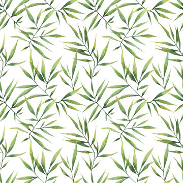 Seamless watercolor pattern with large branches and bamboo leaves on a white background. Botanical illustration for fabrics, clothing, decor, packaging.