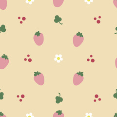 Seamless vector pattern of strawberries, flowers, leaves. Repeating background with summer fruits. can be used for fabric, wrapping paper.