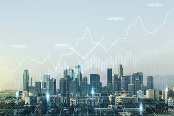 Double exposure of virtual creative financial diagram on Los Angeles office buildings background, banking and accounting concept