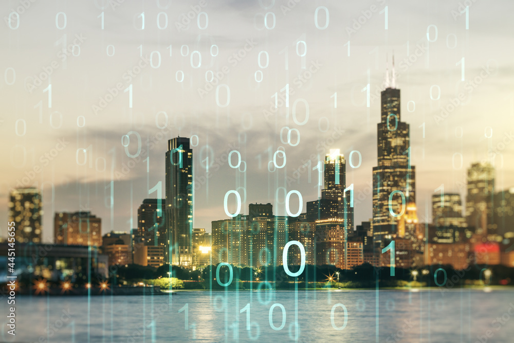Aufkleber Abstract virtual binary code hologram on Chicago cityscape background, AI and machine learning concept. Multiexposure