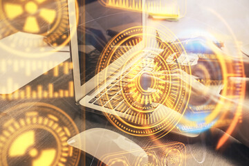 Double exposure of woman hands typing on computer and technology theme drawing. High Tech concept.